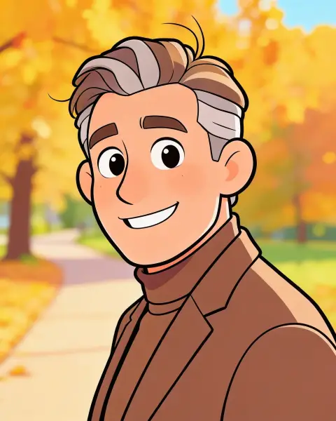 Flat cartoon illustration of a cheerful middle-aged man with swept silver-grey hair in a brown jacket and turtleneck, big friendly smile, standing on a park path under bright or…