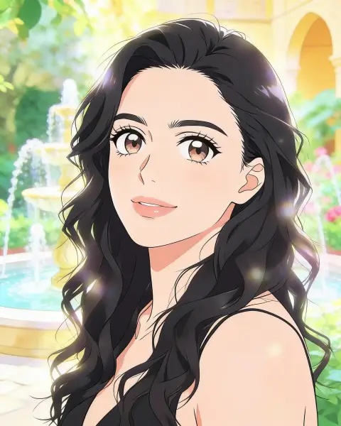 Anime-style illustration of a young woman with long flowing black wavy hair and warm brown eyes, gentle smile, in a sunny Mediterranean courtyard with a stone fountain, yellow a…