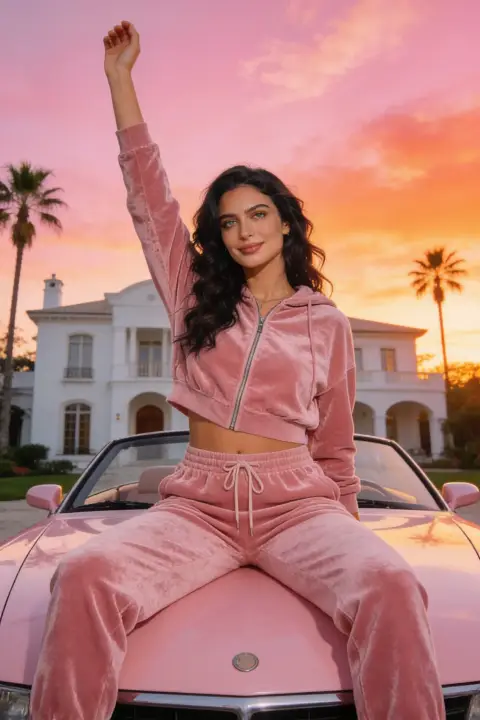 Glamorous lifestyle photo of a woman with long dark wavy hair in a pink velour tracksuit, sitting on the hood of a pink convertible and raising one arm, a white mansion and tall…