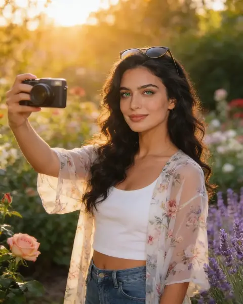 Candid photo of a woman with long dark curly hair taking a selfie with a compact camera in a blooming garden at golden hour, wearing a sheer floral kimono over a white top, sung…