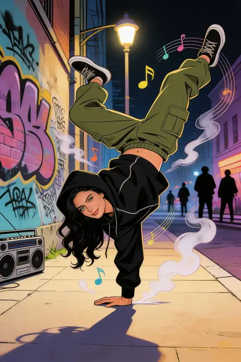 Colorful caricature illustration of a young woman with long dark hair doing a one-hand breakdance freeze on a city sidewalk at night, green cargo pants and a black hoodie, a gra…