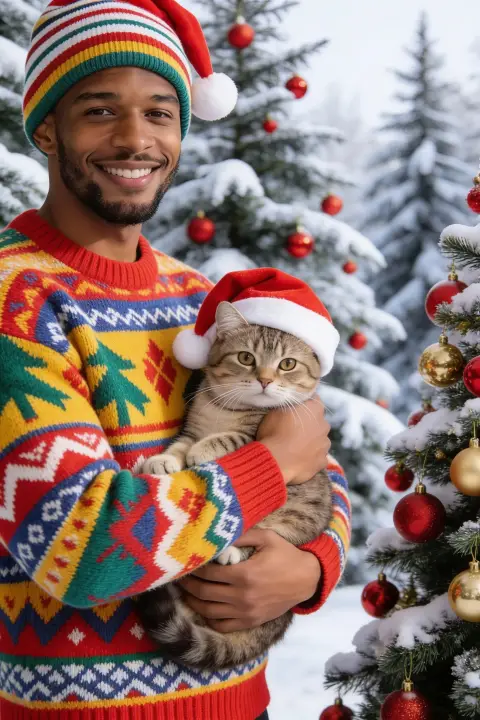 Festive portrait of a smiling man in a bright patterned knitted Christmas sweater and a striped Santa hat, holding a tabby cat that also wears a Santa hat, snowy pine trees deco…