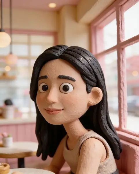 Claymation-style 3D character of a young woman with long straight black hair and big round eyes, sitting by a sunny window in a pastel pink café, handmade plasticine texture wit…