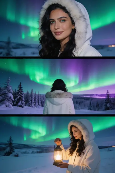 Three-panel travel collage of a woman with long dark hair in a white fur-trimmed hooded parka in a snowy northern landscape: a close portrait, a view from behind as green and vi…