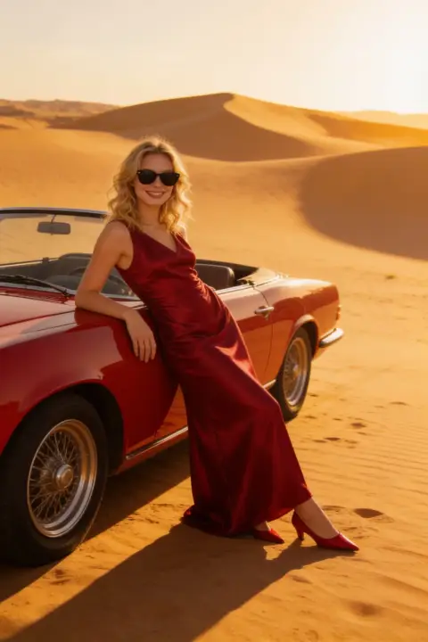 Fashion editorial photo of a blonde woman in a burgundy satin slip dress and dark sunglasses leaning against a glossy red vintage convertible parked in rippled golden sand dunes…