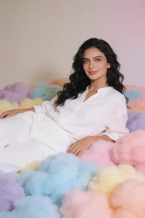 Dreamy studio portrait of a woman with long dark wavy hair in a loose white linen shirt and trousers, reclining on a soft bed of pastel cotton-candy clouds in pink, blue and yel…