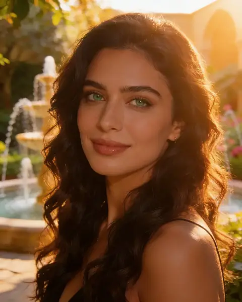 Close portrait of a woman with long voluminous dark curls and green eyes, warm late-afternoon sunlight on her face, a stone fountain and garden softly blurred behind her, natura…