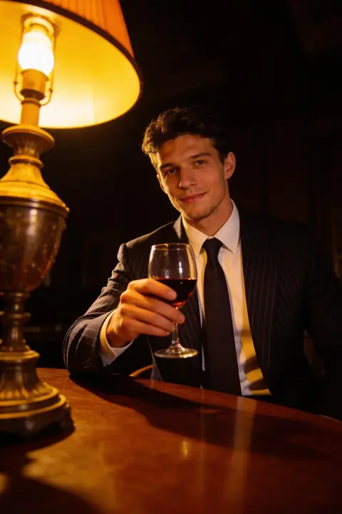 Moody film noir portrait of a young man in a dark pinstripe suit and black tie sitting at a polished wooden table, raising a glass of red wine with a slight smile, lit only by a…